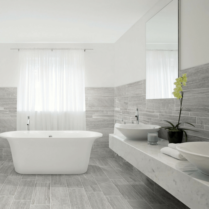Grey Wood Marble Bathroom with Vessel Sinks