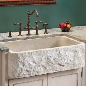 White Stone Farmhouse Sink With Chiseled Apron | Reflections Granite & Marble